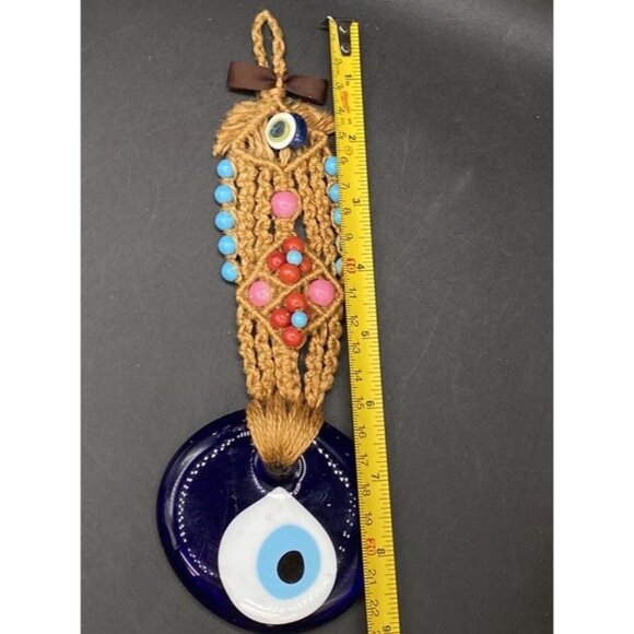 Large Art Glass Evil Eye With Crochet Macrame Hanger & Glass Beads - Picture 6 of 6